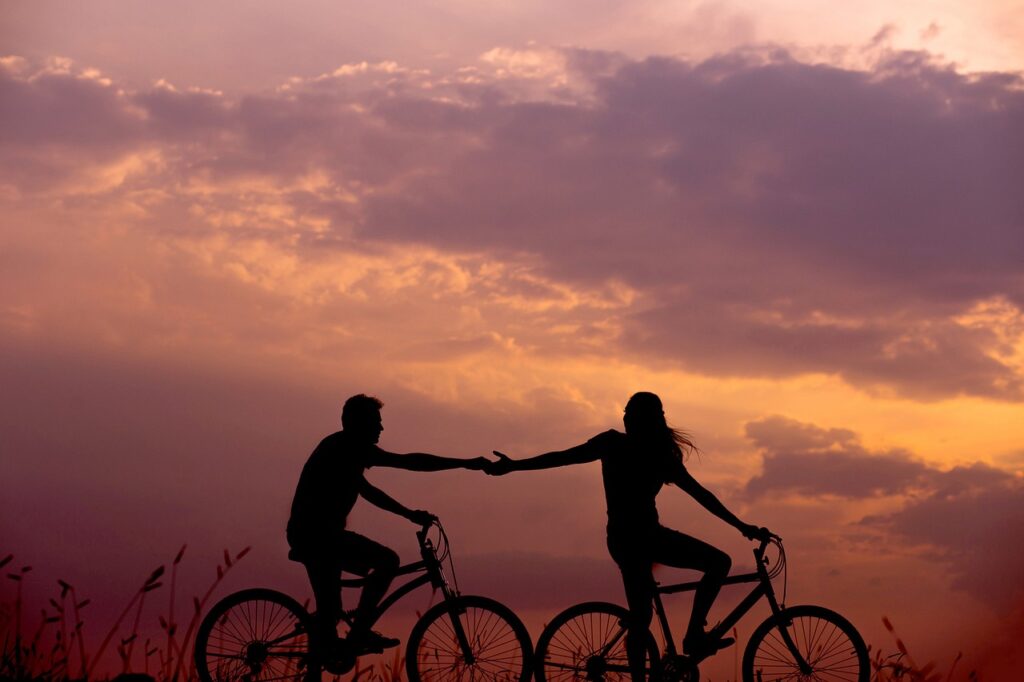 bicycles, couple, silhouettes